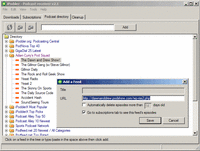 Screenshot of
the iPodder directory tab after double-clicking a feed to raise the
Add a Feed dialog.