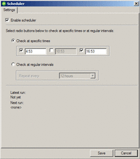 Screenshot of
the iPodder scheduler dialog.  iPodder can check for new podcasts at
regular intervals or at specific times.