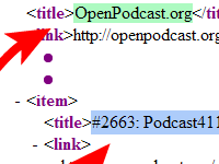 Click here to see a screenshot that maps the elements of a podcast RSS feed to the same data displayed in iPodder.